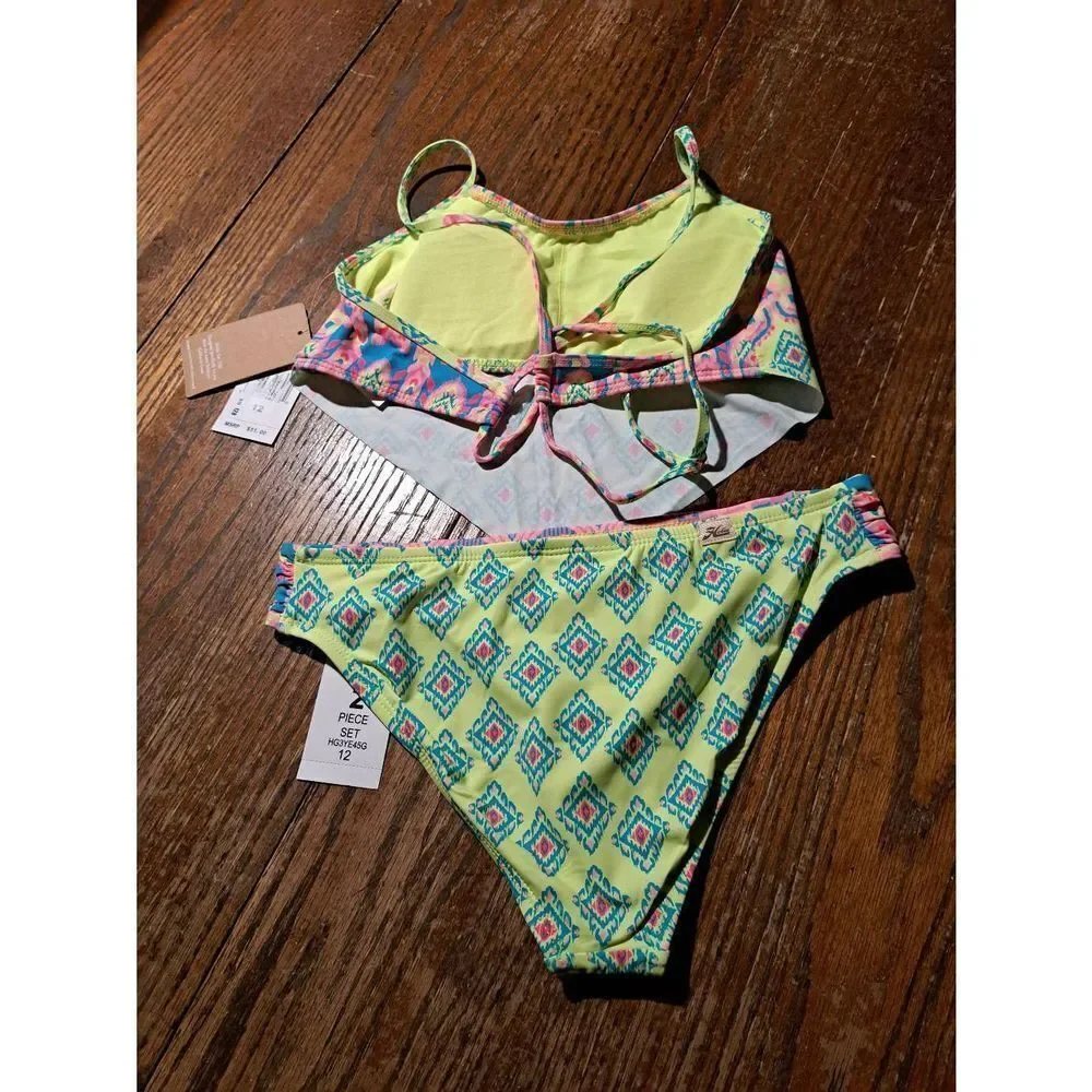 New Girls Sz 12 Hobie 2pc Swimsuit Spaghetti Strap Rear Tie Hankerchief Tankini